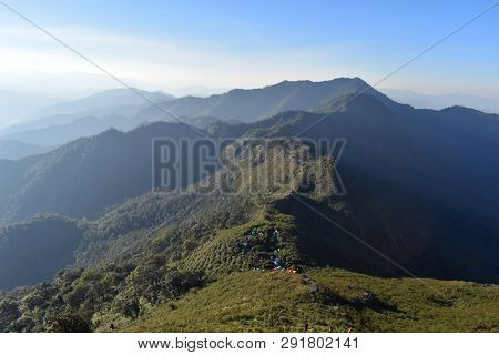 Beautiful Sunrise Over The Mountain Range At Doi Phu Wae, Nan, The North Of Thailand - Image