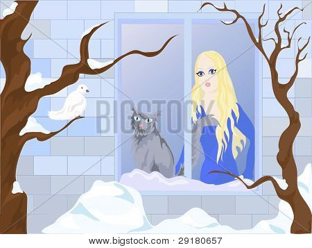 Pigen og katten ser ud af vinduet