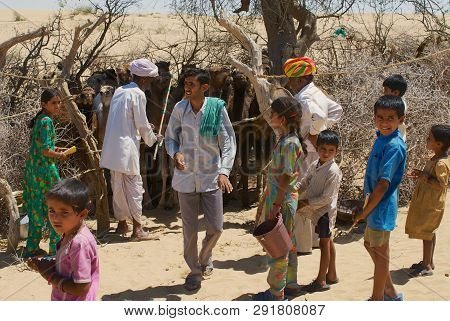 Jamba, India - April 02, 2007: Unidentified People Keep Young Camels In The Coral In That Desert In 