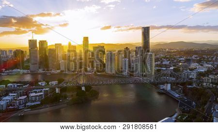 Brisbane, Australia - February 22 2019: Colourful Sunset Over Brisbane Cityscape, Aerial View With T