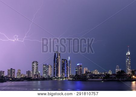 Gold Coast, Australia - March 14 2019: Gold Coast Skyline Being Lit Up With Lightening Bolts, View F