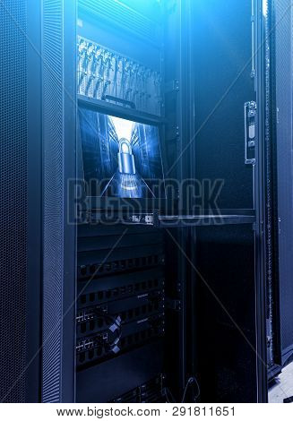 Rackmount Led Console With System Data Protection Symbol On The Monitor In Server Room Data Center