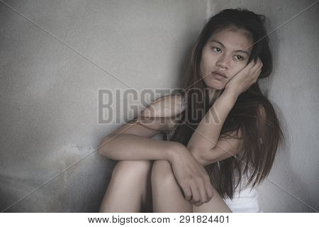 Teenage Girls With Problems, Sad Depressed Woman Suffering From Family Life. Women Sitting In Dark R