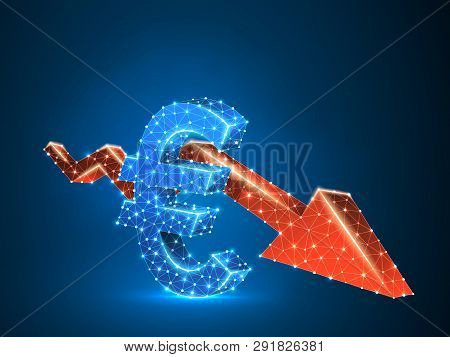 Euro Currency Symbol With Downtrend Red Arrow Chart. Business Polygonal Vector Neon 3d Illustration.