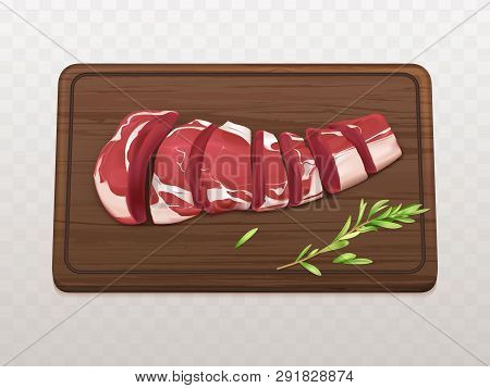 Raw Marbled Meat Fillet Sliced On Pieces Or Portions To Cook Steak Or Grill With Spices On Wooden Cu