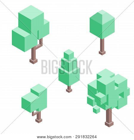 Set Of Isometric Trees In Low Poly Style. Vector Illustrations Isolated On White Background.