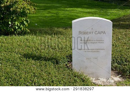 Bayeux, France - August 20, 2014: Stone devoted to the photographer Robert Capa, located around the museum dedicated to the Normandy overload.
