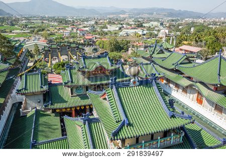 Nantou, Puli, Taiwan - FEB 8th, 2019: roofs of famous Baohu Dimu Temple in the daytime