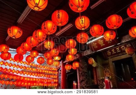 Nantou, Puli, Taiwan - FEB 8th, 2019: red lanterm hang on the traditional temple