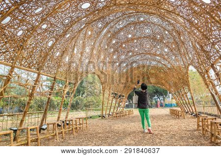 Nantou, Jiji, Taiwan - FEB 27th, 2019: rattan art structure building on the ground at Heping Happy Farm