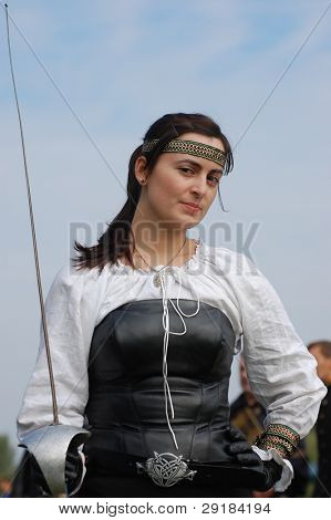 KIEV, UKRAINE - SEP 19: Participant  Festivale of medieval costume wears historical costume Sep 19, 2010 in Kiev, Ukraine