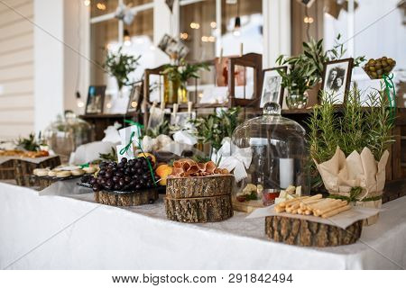 Variety Assortment Of Different Luxury Food Snacks And Appetizers, Concept Of Decorated Catering Ban