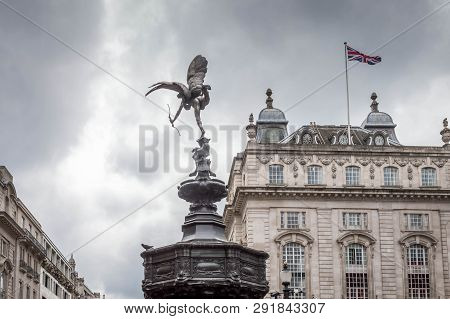 Piccadilly Circus, London / United Kingdom: May 21, 2016: Eros Love Statue At Piccadilly Circus With