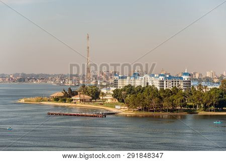 Ismailia, Egypt - November 5, 2017:  Cityscape Of Ismailia On The Lake Timsah From Ship Passing Suez