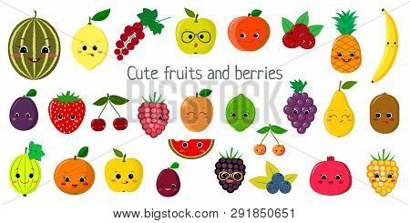 Kawaii Cute Fruit And Berries , The Faces Of The Characters Of The Mega Set Of Twenty Seven Elements
