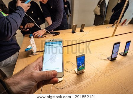 Paris, France - Mar 19 2019: Man Pov Personal Perspective Holding Iphone 7 Plus Inside The New Apple