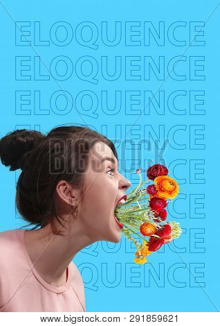 Eloquence And Oratory. Scream Louder For Being Heard. Young Woman In Sweatshirt Screaming With Color