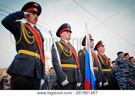Barnaul, Russia-march 7, 2017.the Russian Military March Through The Area