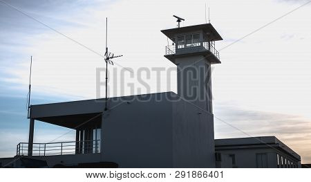 Sete, France - January 4, 2019: Control Tower Of The Port Near The Marina On A Winter Day