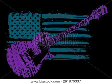 An Electric Guitar With American Flag Isolated On A Black Background