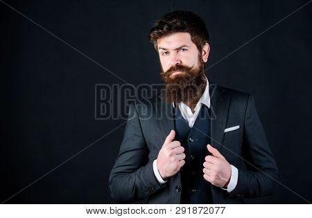 Impeccable Style. Businessman Fashionable Outfit Black Background. Man Bearded Guy Wear Suit Outfit.