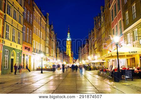 Gdansk, Poland - September 18, 2018: Motion Blurred People Walking At The Main Touristic Piwna Stree