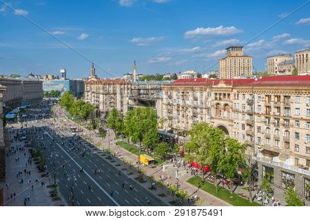 Kyiv, Ukraine - April 29, 2018: Soviet architecture buildings on central Khreshchatyk street in Kyiv, Ukraine