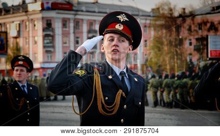 Barnaul,russia - May 7, 2015.russian Cadets In Uniform Marching On Parade