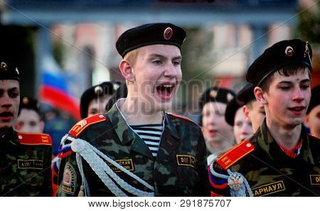 Barnaul,russia - May 7, 2015.russian Cadets In Uniform Marching On Parade