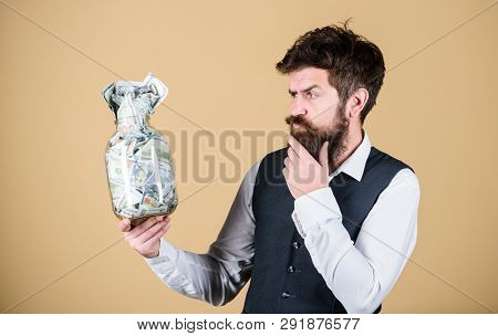 Financial Success. Businessman With His Dollar Savings. Richness And Wellbeing. Security And Cash Mo