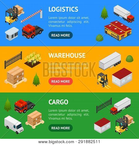 Warehouse Concept Banner Horizontal Set 3d Isometric View. Vector