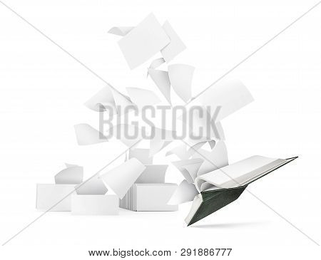 Empty Book With Flying Pages Isolated On White Background