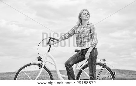 Active Leisure And Healthy Activity. Girl Ride Cruiser Model Bicycle. Healthiest Most Environmentall