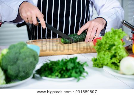 At Work. Chef Man In Apron. Secret Taste Recipe. Vegetarian. Bearded Man Cook In Kitchen, Culinary. 