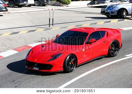 Monte-carlo, Monaco - March 12, 2019: Red Supercar Ferrari 812 Superfast In The City Street.
