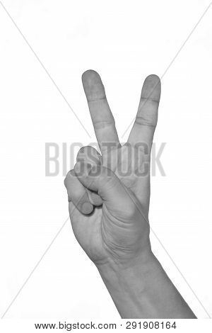 Hand Showing Peacy Victory Sign Against Pure. Black And White.