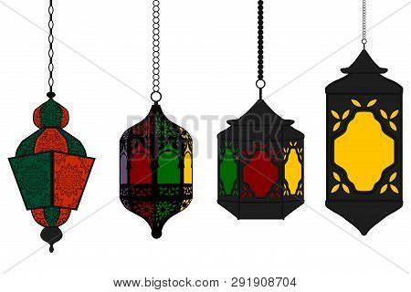 Illustration On Theme Big Set Different Types Lanterns, Lamp To Celebration Holiday Ramadan. Lantern