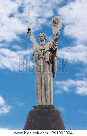 Kiev, Ukraine - March, 2019: The Famous Mother Motherland Monument Also Known As Rodina Mat On A Clo