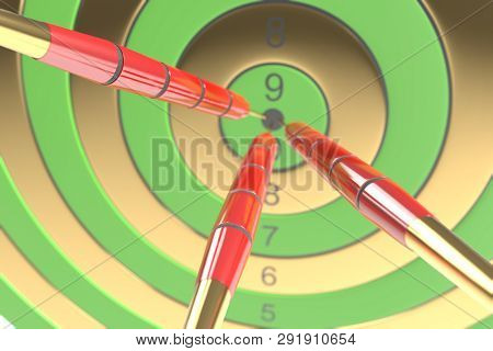Three Red Darts Hitting The Bullseye. 3d Illustration