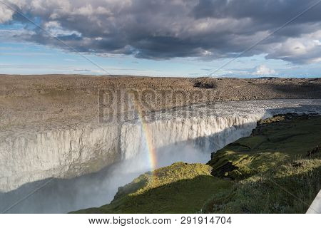 Amazing Detifoss Waterfall With Rainbow, Iceland In Summer