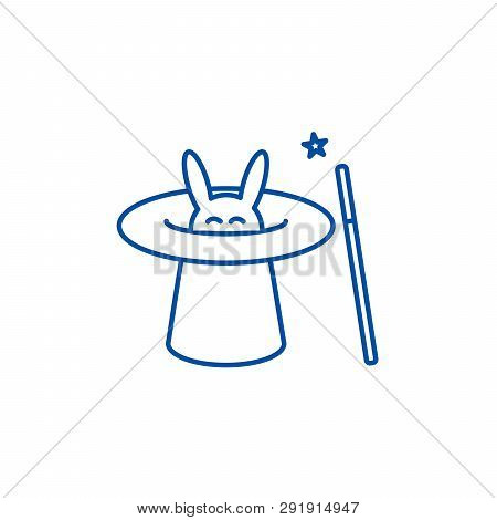 Magician With Rabbit, Magic Hat, Wand Trick Line Icon Concept. Magician With Rabbit, Magic Hat, Wand