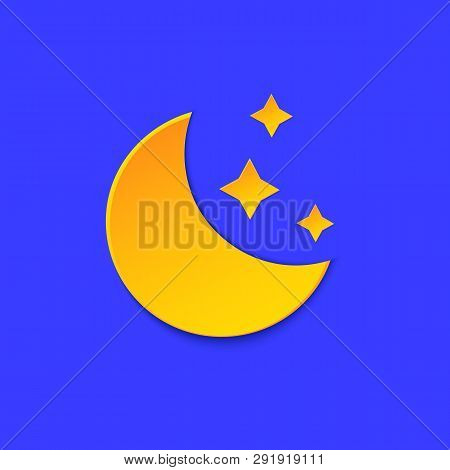 Moon Weather Forecast Info Icon. Yellow Night Symbol, Stars Paper Cut Style On Blue. Climate Weather