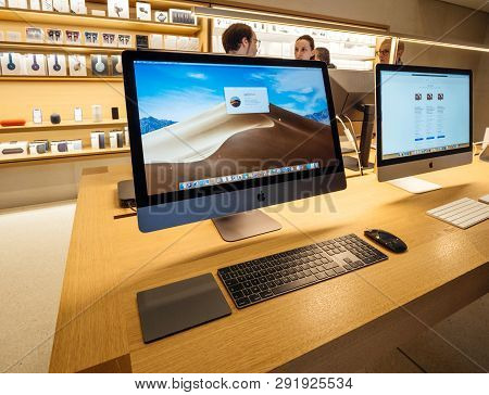Paris, France - Mar 19 2019: People Shopping New Imac Pro The All-in-one Personal Computer In Apple 