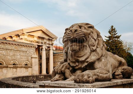 Yessentuki, Stavropol Territory / Russia - May 14, 2018: Semashko Mud Baths. Statue Lion