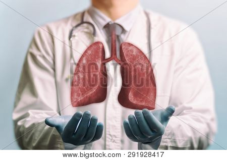 Image Of A Doctor In A White Coat And Lungs Above His Hands. Concept Of Healthy Lungs.