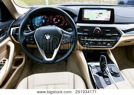 Auvergne-rhone-alpes, France - March 14, 2019: Interior Of The Luxury Motor Car Bmw 520d (g30).