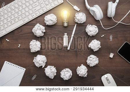 Flat Lay Composition With Great Idea Concept. Idea Concept On Wooden Background. Top View Of Colorfu