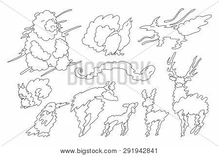 Vector Animal Shaped Cloud. Black White Linear Set