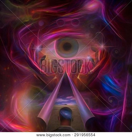 Spiritual painting. Hands of Creator and All seeing eye. Revelation of world. 3D rendering