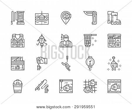 Set Of Fishing Line Icons. Jackknife, Fisherman, Tackle Box, Aquarium And More.